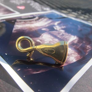 Op de afbeelding: Een gouden charme in de vorm van een baby-echo. De charme heeft een lus aan de bovenkant om aan een ketting of armband te bevestigen.