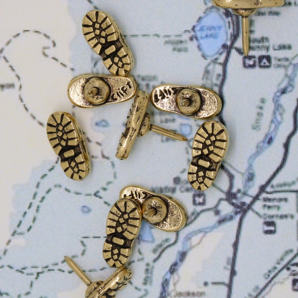Hiking Boot Map Pins- Set of 10- Gold, Copper, or Silver- Pinpoint your Travels and Adventures with our Hiking Themed Map Pins- MP103