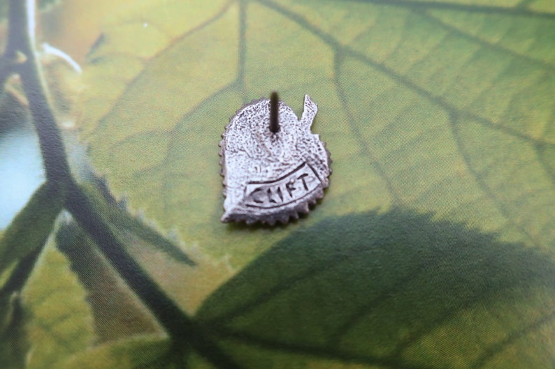 May include: A silver-colored leaf-shaped pin with the word "CLIFT" inscribed on a banner. The pin has a textured surface and a pin backing. The background is a green and brown leafy pattern.