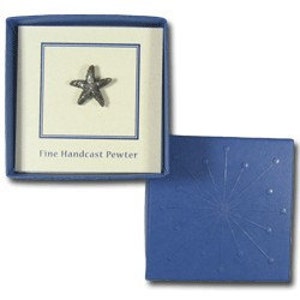 May include: A silver pewter starfish pin in a blue box with a white interior and the words "Fine Handcast Pewter".