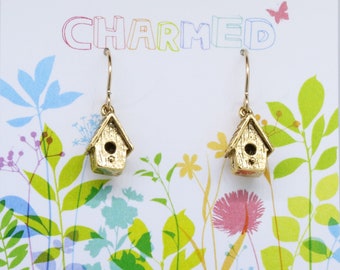 Birdhouse Gold Dipped Pewter Dangle Earrings from our Charmed Collection- CHE116G- Birdhouses, Bird Watching, and Bird Dangle Earrings