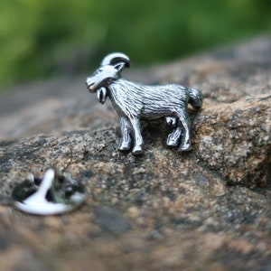 May include: A silver-colored goat pin with a detailed design. The pin is sitting on a rough, brown rock.