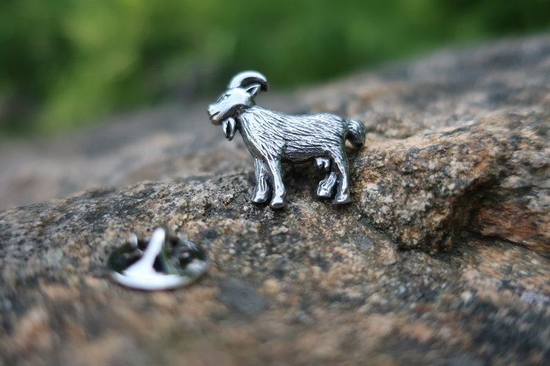 May include: A silver-colored goat pin with a detailed design. The pin is sitting on a rough, brown rock.