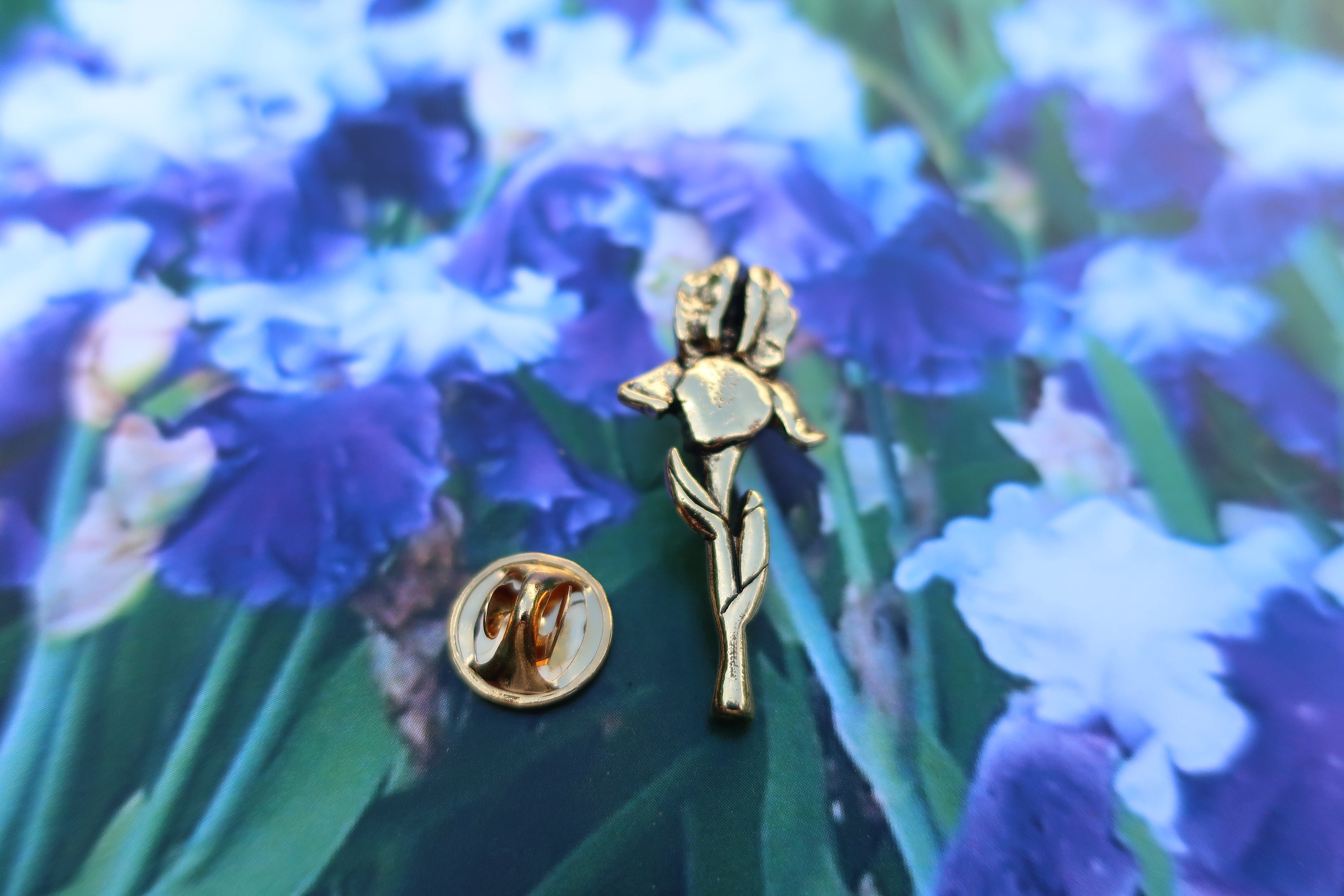 Image of Man wearing iris flower lapel pin