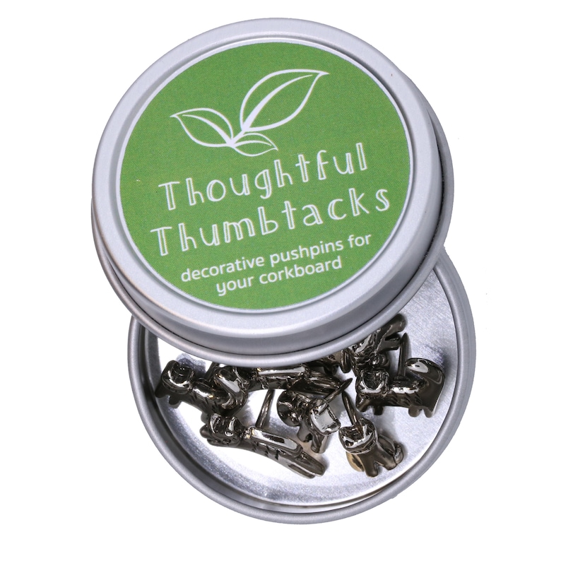 May include: A silver tin with a green lid that says "Thoughtful Thumbtacks" and "decorative pushpins for your corkboard". The tin is open and contains silver thumbtacks.