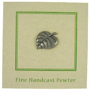 May include: A small, silver-colored pewter leaf pin. The pin is in the shape of a leaf with detailed veining. It is displayed on a cream-colored card with a green border. The text "Fine Handcast Pewter" is printed at the bottom.