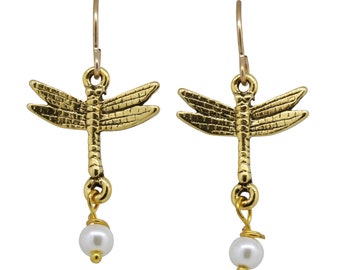 May include: Gold dragonfly earrings with a pearl dangling from each one.