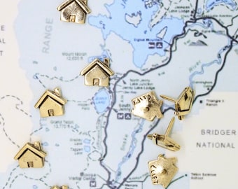 House Map Pins- Set of 10- Gold, Copper, or Silver Finish- MP114- Marquez vos maisons avec nos épingles de carte sur le thème de la maison