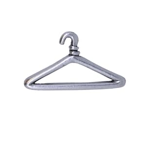 May include: A silver metal hanger with a hook. The hanger is a small, decorative item.