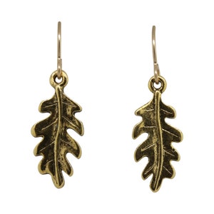 Oak Leaf Dangle Earrings- Gold Dipped Pewter Charmed Earrings- CHE101G- Fall, Autumn, Foliage, Leaves, and Dangle Fall Accessories