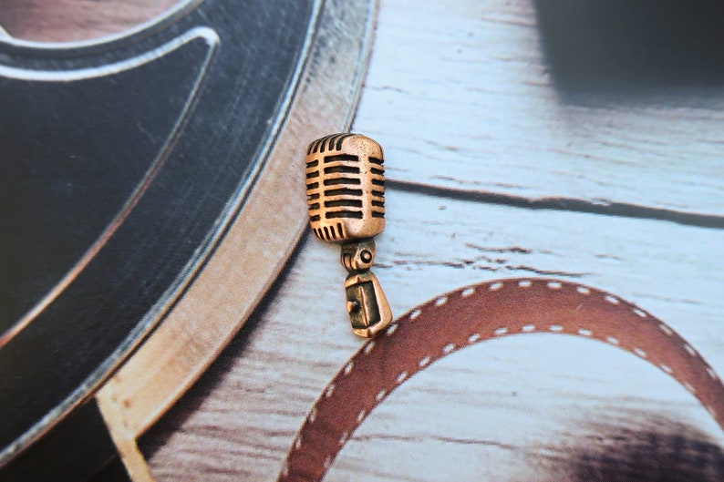Microphone Copper Lapel Pin-CC529C Mic, Broadcast, and Sound Wave Pins for Radio, and Audio Engineering image 1
