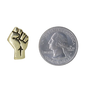 May include: Gold-colored metal pin shaped like a raised fist. The pin is about the size of a US quarter.