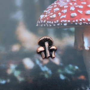 Puede incluir: Un pin de cobre con forma de hongo con tres hongos agrupados. Los hongos tienen un diseño detallado y se encuentran sobre un fondo borroso de un hongo rojo y blanco.