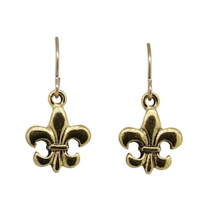 Fleur De Lis Gold Dipped Pewter Dangle Earrings from our Charmed Collection- CHE125G- Lily, Flower, and Fleur De Lis Symbol Earrings