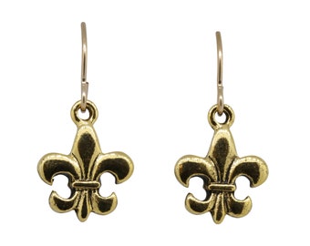 Fleur De Lis Gold Dipped Pewter Dangle Earrings from our Charmed Collection- CHE125G- Lily, Flower, and Fleur De Lis Symbol Earrings