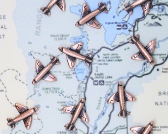 Airplane Map Pins- Set of 10- Gold, Copper, or Silver- MP101- Pinpoint your Travels with our Plane Themed Map Pins