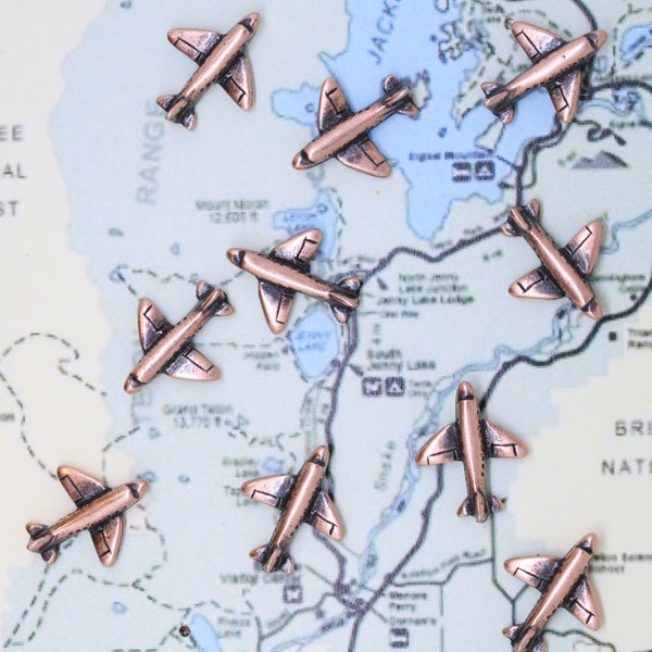 Airplane Map Pins- Set of 10- Gold, Copper, or Silver- MP101- Pinpoint your Travels with our Plane Themed Map Pins