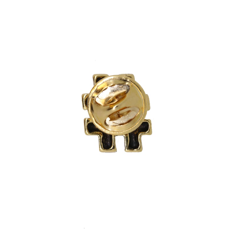 May include: Gold-tone metal pin with a black enamel hashtag design. The back of the pin has a safety clasp.