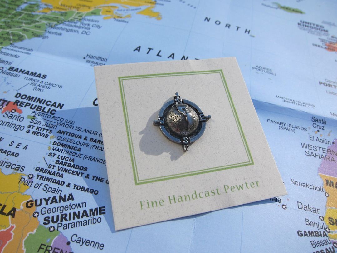 Hand Cast Pewter World Compass Lapel Pin - Travel Gift for Wanderlusts ...