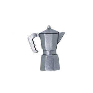 May include: A silver metal stovetop espresso maker with a handle and a lid.
