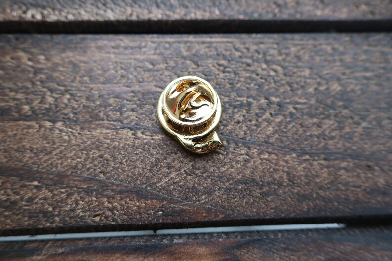 May include: Gold-colored pin with a detailed design of a curled snake. The pin has a safety clasp on the back.