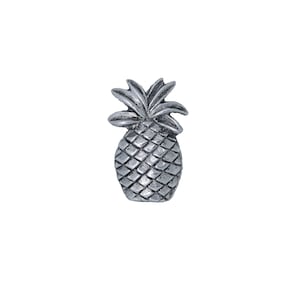 Puede incluir: Un pin de piña de plata. La piña está detallada con una superficie texturizada y una corona de hojas.