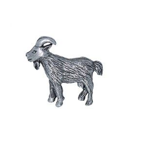May include: A silver pewter figurine of a goat standing on all four legs. The goat has a long, curly beard and a small tail.