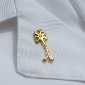 May include: A gold-colored pin shaped like a neuron, a type of nerve cell, with a detailed design. The pin is on a white fabric background.
