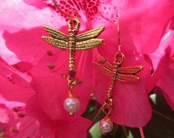 Gold Dragonfly Earrings from our Charmed Collection with Pearl Drops- Dragonflies and Garden Gifts and Jewelry