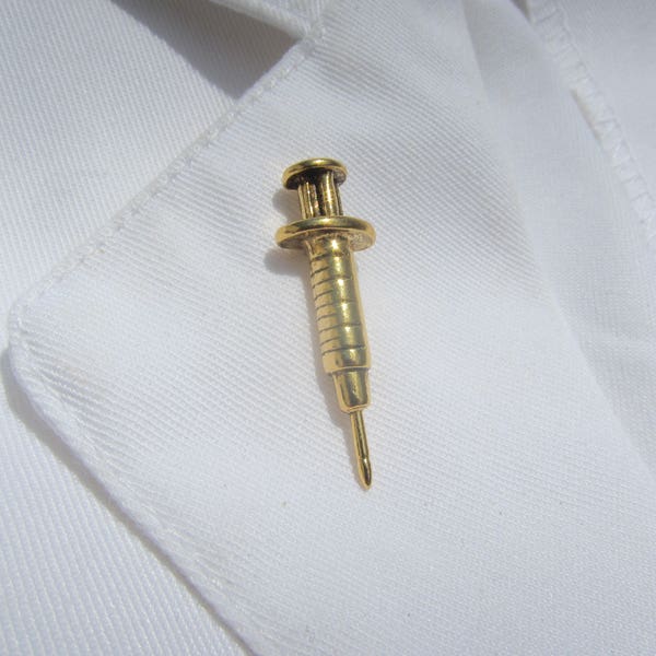Syringe Gold Dipped Pewter Lapel Pin- CC427G- Medical and Hospital White Coat Pins for Doctors and Nurses
