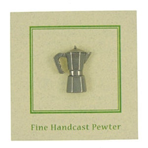 May include: A silver-colored pewter pin shaped like a traditional Italian coffee pot, or Moka pot. The pin is on a small card with the text "Fine Handcast Pewter".
