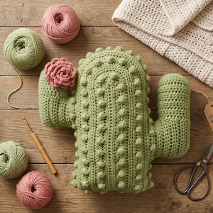May include: A handmade green crochet cactus pillow with a pink flower accent. The image also shows green and pink yarn balls, a crochet hook, scissors, and a tag that says "HANDMADE WITH LOVE". The pillow is on a wooden surface.