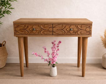 Massivholz Konsolentisch Handgemachter, geschnitzter Holzeingangstisch - Rustikaler Bauernhaus Flurtisch, Luxus Sideboard Möbel, Konsolentische