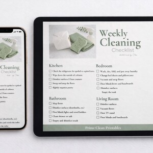 May include: A smartphone and a tablet display a "Weekly Cleaning Checklist" with sections for kitchen, bathroom, bedroom, and living room. The checklist includes tasks like disinfecting surfaces and sweeping floors. The color scheme is white and green.