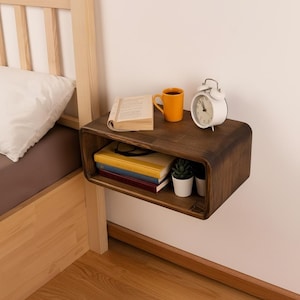 Handmade Solid Oak Floating Nightstand with Rounded Corners - Wall Mounted Bedside Table for Modern Bedroom - Minimalist Small Space Shelf