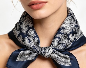 1960s Parisian Inspired Navy Blue Paisley Silk Scarf | 53cm Square Scarf | Hand-Rolled Mulberry Silk Scarf | Luxury Neck Scarf for Women