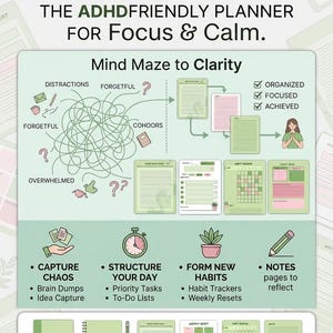 May include: An ADHD-friendly planner with a green cover and the text "OHH. RIGHT." The planner includes sections for focus, calm, and mind clarity, with habit trackers, to-do lists, and note pages. The design is light green and pink.
