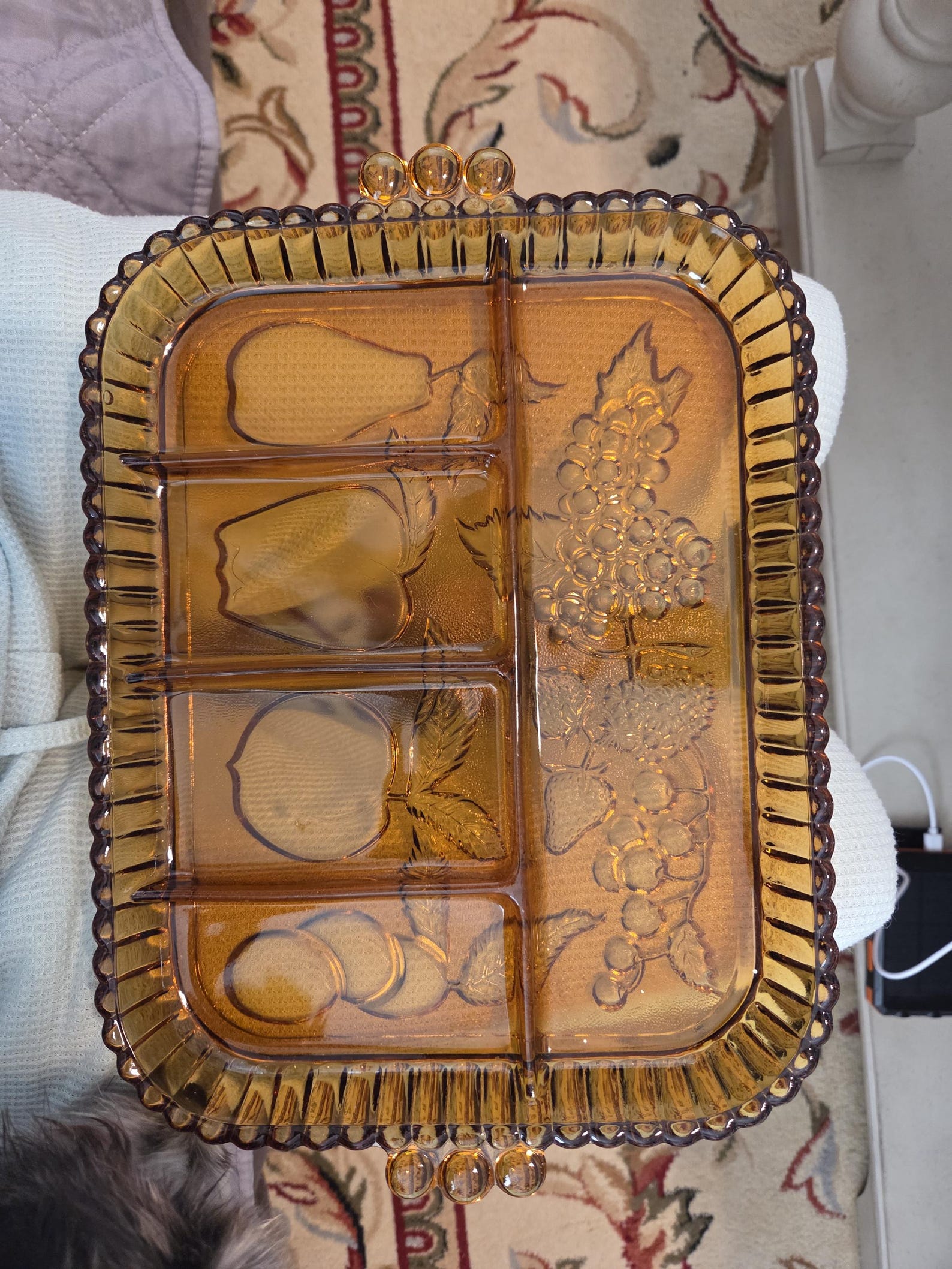 Vintage Amber Glass Relish Tray, Embossed Fruit Design, Pie Crust Rim ...