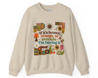Retro 70s Floral Mushroom Sweatshirt | Brown Orange Avocado Graphic Crewneck