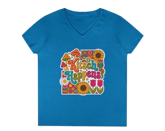 Kitsch Happens 70s Retro Floral Print T-Shirt | V-Neck