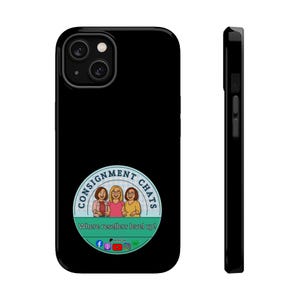 May include: A black smartphone case featuring a circular logo with the text Consignment Chats and Where resellers level up! The logo depicts three illustrated figures and various social media icons on a light blue and green background.