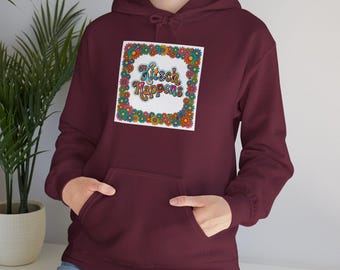 Kitsch Happens Retro Floral Frame 70s Groovy Typography Hoodie | Mushroom Daisies