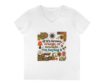 Retro 70s Floral Owl V-Neck T-Shirt | Brown Orange Avocado Graphic Tee