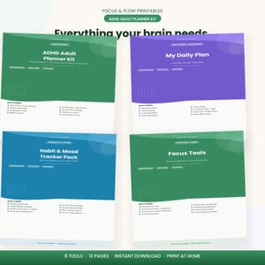 ADHD Daily Planner Bundle Adult ADHD Planner Kit Habit Tracker Brain Dump 8 Tools Instant Download PDF