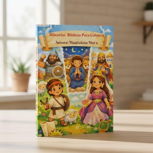 Puede incluir: Un libro infantil titulado "Historias Biblicas Para Colorear" de Magdalena Maya. La portada presenta ilustraciones coloridas de personajes bíblicos, incluyendo un rey, una princesa y un niño con una honda, sobre un fondo de cielo azul.