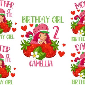May include: A graphic design featuring a cartoon girl in a strawberry hat, surrounded by strawberries and hearts. Text includes "Birthday Girl 2" and names like "Camellia", "Brother of the Birthday Girl", "Mommy of the Birthday Girl", "Sister of the Birthday Girl", and "Daddy of the Birthday Girl".