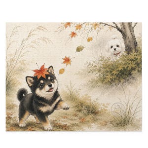 Shiba Inu Jigsaw Puzzle, Maltese Dog Gift, 500 Piece Puppy Activity, Cute Autumn Pet Art, Fall Present for Dog Lovers