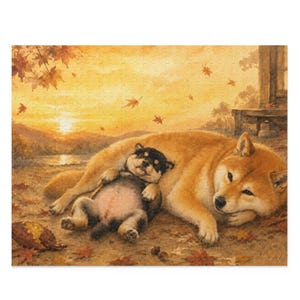 Shiba Inu Family Jigsaw Puzzle 500 Pieces, Autumn Dog Puzzle, Cozy Nature Artwork, Premium Gift for Dog Lovers, Home Decor