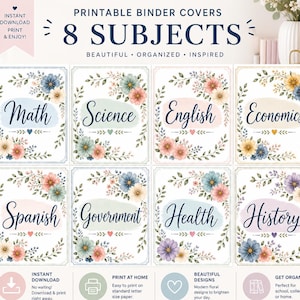 Floral Binder Covers Printable Bundle, 8 Subject Binder Covers, School Binder Inserts, Student Organization, Back to School Printable
