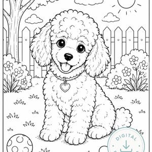 Op de afbeelding: Een zwart-wit kleurplaat met een krullende poedelpuppy die in een tuin zit. De puppy draagt een halsband met een hartvormig label. De scène bevat een boom, een hek, bloemen, een bal en een zon.